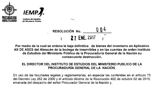 Resolución No.004 de 27 de enero de 2017.