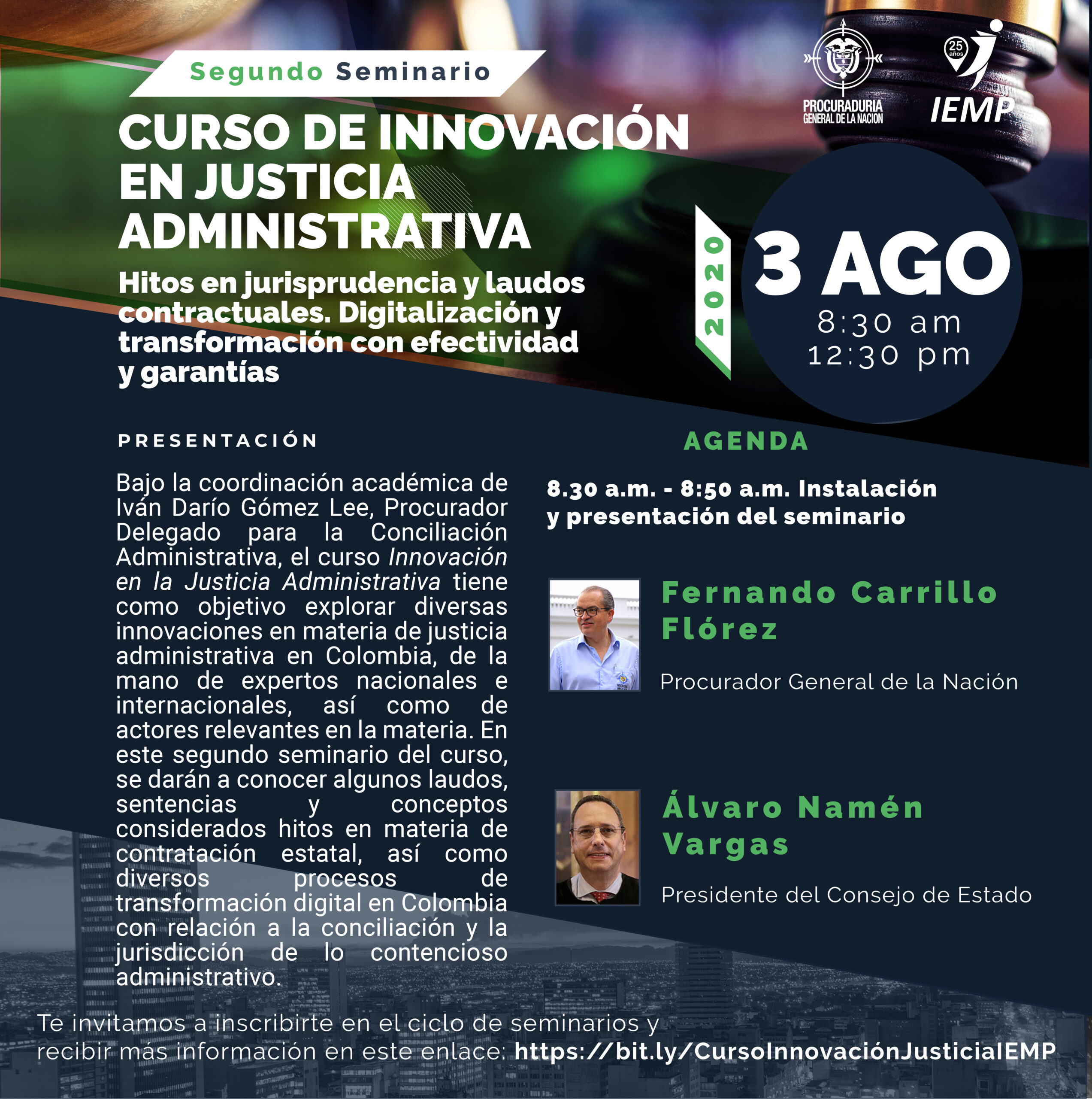La Procuraduría Delegada para la Conciliación Administrativa y el Instituto de Estudios para el Ministerio Público tienen el gusto de extender una cordial invitación al segundo seminario del curso Innovación en la Justicia Administrativa.